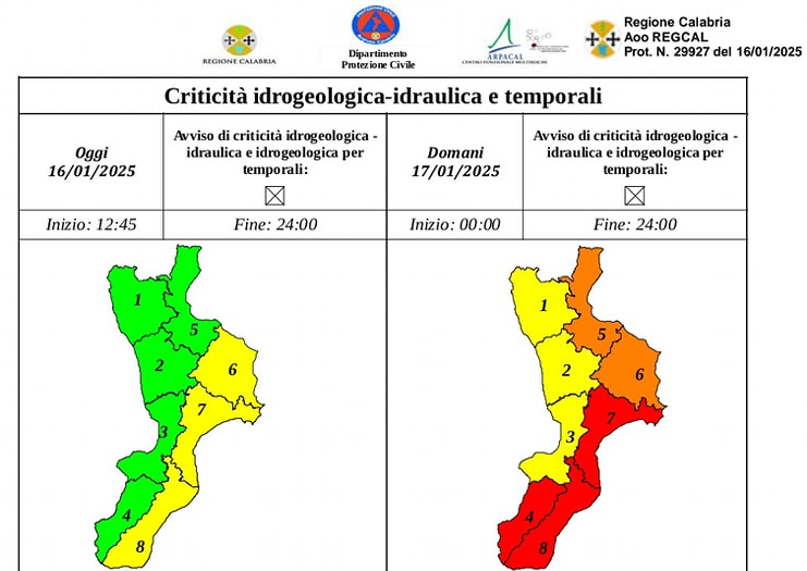 Maltempo. Allerta rossa domani su Città metropolitana di Reggio Calabria e fascia jonica