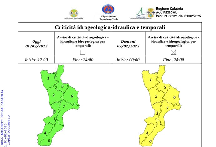 Diramata allerta meteo gialla in tutta la Calabria dalla mezzanotte