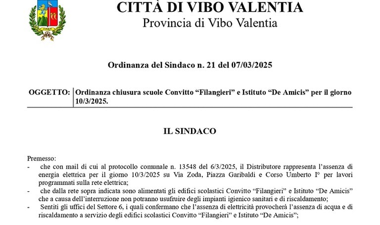 Vibo Valentia. Lunedì prossimo chiusi Istituto De Amicis e Convitto Filangeri